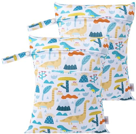 HBselect 2 Stück Nasstasche Wetbag Kindergarten wiederverwendbar Wet Dry Bag Windeltasche Nassbeutel Personalisiert for Baby Cartoon Dinosaurier