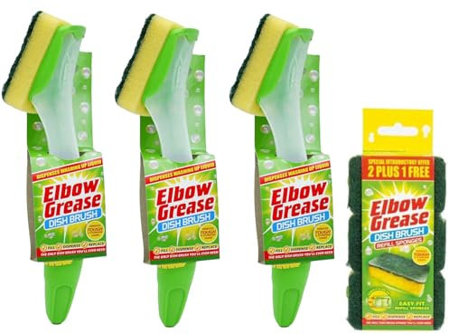 3X Elbow Grease Fillable Washing Up Brush with Sponge- Ergonomic design handle - with 3X Elbow Grease Sponge Refills