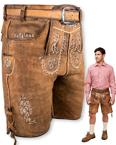 HOFGLANZ® Trachten Lederhose Herren Kurz [BRAUN ANTIK] - Hochwertige Trachtenhose für Herren [INKL. TRACHTENGÜRTEL] - Traditionelle Echtlederhose für Oktoberfest Bequem & Robust (Größen 46-58)