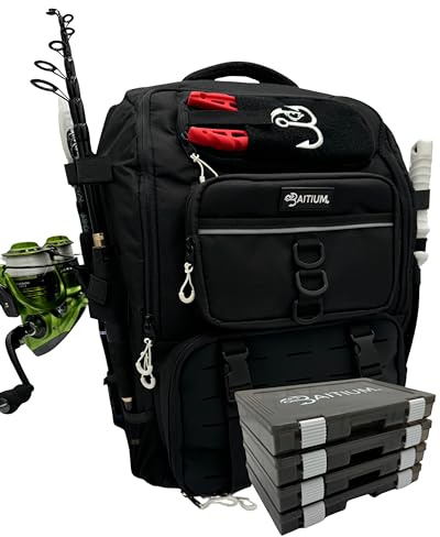 Baitium Angelrucksack – 40 l Angeltasche mit Kühler, Rutenhalter, perfekt für Angelausrüstung, Schwarz (Jet Black), Baitium Angelausrüstungs-Rucksack mit Rutenhaltern und Angelboxen im Lieferumfang