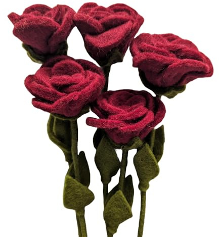 Your Castle Bouquet di Rose Rosse in Feltro - Decorazione Sostenibile, Fiori Artificiali Realistici, Commercio Equo - Set di 5 Fiori di Stoffa