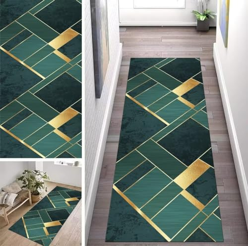 ZUZEKU Abstrakte Läufer Flur Küche Waschbar rutschfest 80X450cm Grün und Gold Lang Küchenteppich Flurteppich Teppich Fur Korridor Wohnzimmer Schlafzimmer Meterware Anpassbar