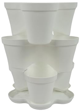 Tecnokit Plana - Maceta apilable Roma de polipropileno con platillo, maceta multicapa tridimensional, maceta para fresas, jardinera de exterior e interior, 3 macetas de jardín vertical (blanco, 3