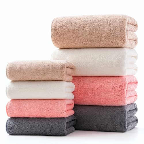 Lumimi Mikrofaser Duschtuch Set Ultraleicht Weich Kuschelig Schnelltrocknend Kompakt für Badezimmer Sport Gym Yoga Unterwegs Sauna 4 Badetücher+4 Handtücher Rosa+Weiss+Khaki+Dunkelgrau