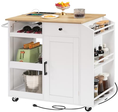MAHANCRIS Kitchen Island with Power Outlet, Kitchen Storage Island with Drawer, Rolling Kitchen Cart on Wheels, Spice Rack, Towel Rack, Wine Rack, for Dining Room, White and Natural KINW122E01N1
