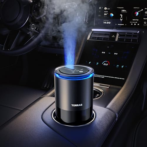 TORRAS CF12 Désodorisant Voiture, Diffusion Rapide, Automatique On/Off, Intensité du Parfum Réglable, Lumière Bleue Élégante, 45ml Eau de Voitures Neuves (6 Mois)