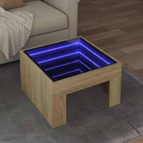 WKIEQACO Tische, Akzenttische, Couchtische, Couchtisch mit Infinity-LED, Sonoma-Eiche, 50 x 50 x 30 cm