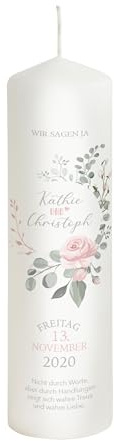 Liamoria® Hochzeitskerze rosa Rose mit Namen, Datum und Spruch - Modell Kathie - Wunderschöne Dekoration zur Hochzeit (25 x 8 cm)