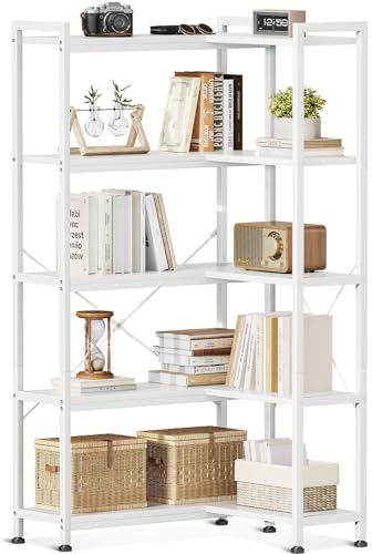 Coleshome Libreria Angolare a 5 Ripiani, Scaffale Angolare a Forma di L Scaffale Salvaspazio, Libreria Alta per Soggiorno Ufficio Casa Camera da Letto, Bianco, 72.8 x 65.3 x 145.5