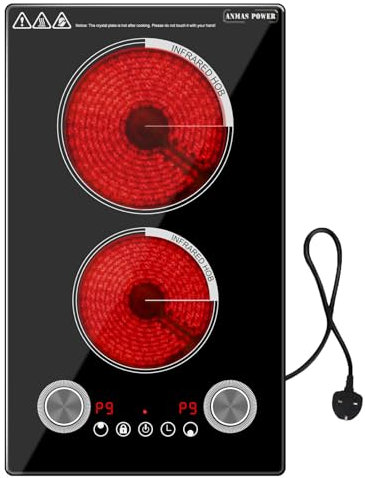 30cm Plug-In 2-Zone Ceramic Hob - Infrared Cooker with Knob Controls, Timer, 9 Power Levels, Child Lock, Residual Heat Indicator, 2800W | Energy-Efficient, Safe for Families, Easy Clean Surface