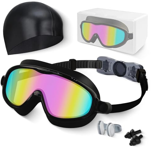 Hurdilen Kids Swimming Goggles, Anti-fog, UV Protection and Wide View with Swim Cap for Age 3-15 Youth Boys Girls Toddler