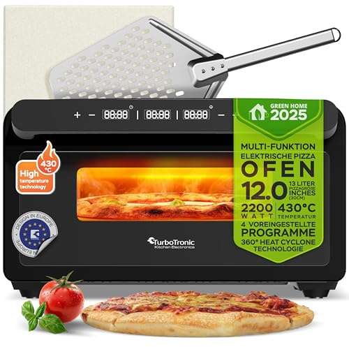 TurboTronic Pizzaofen bis 430 °C perfekte Pizza (30 cm) in 2 Minuten inkl. Pizzastein & Pizzaschieber für Zuhause & Garten Neapolitan Mini Backofen Edelstahl Schnellaufheizen AirFryer Steak Lahmacun
