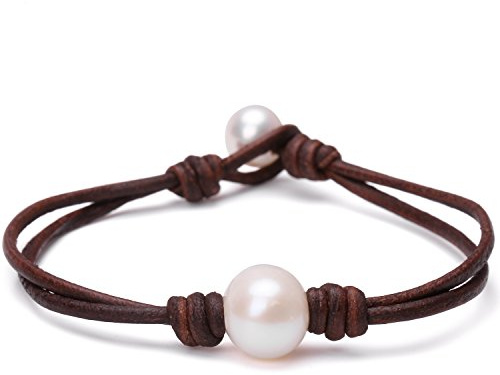 Aobei Pearl Individual agua dulce cultivada perla cuero pulsera perlas hechas a mano joyería para mujeres 7 marrón oscuro cuero perla blanca