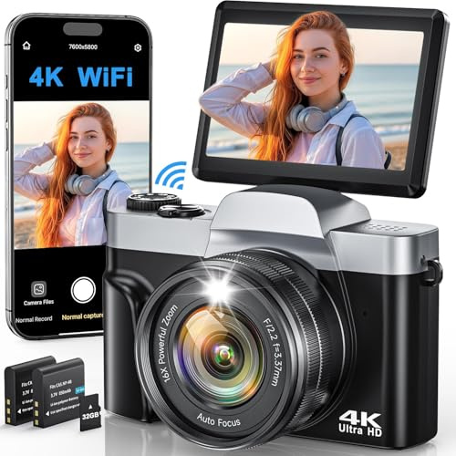 4K Digital Camera for Beginners & Teens with WiFi, 64MP Compact Autofocus Camera with 32Gb Card for Travel Vlogging Camera for YouTube, 180° Flip Screen Selfie Camera, Includes 2 Batteries