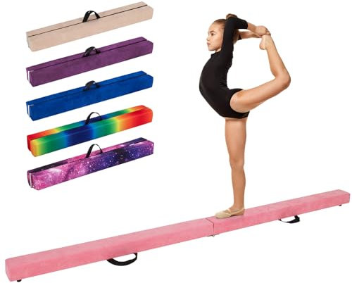 COSTWAY Barra de Equilibrio Plegable 210cm, Base de Madera Sólida y Fondo Antideslizante, Viga de Equilibrio e para Niños y Adolescentes (Rosa)