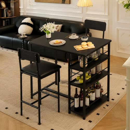 Garvee Bartisch Set 3-teilig, Stehtisch mit 2 Barhockern mit Rückenlehne, Küchentisch mit 3 Ablagen, Esszimmer-Set für Küche und Essbereich, Schwarz