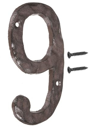 sourcing map Numeri civici e lettere, 15,2 cm, in ghisa vintage, numeri indirizzi per esterni, numero civico solido con viti, per appartamenti, uffici, camere d'albergo (numero 9, marrone)