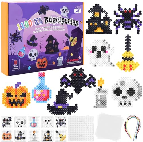 Zoyomax Lot de 1100 grandes perles à repasser de 10 mm avec plaque enfichable, 10 motifs et papier à repasser pour le bricolage, l'artisanat, la décoration d'Halloween, cadeau pour les enfants à