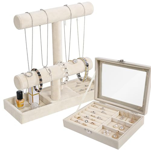 Dianfen Schmuck Organizer mit 2 Ebenen, Beige Schmuckständer Armbänder