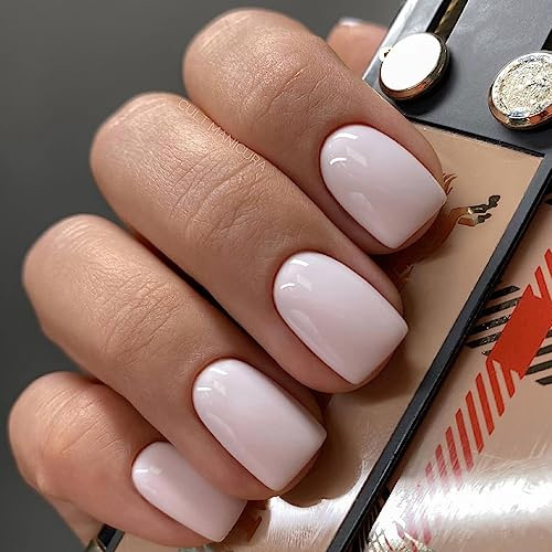 Ceboic 24 Pièces Blanc Ongles à Coller Carrés Courts, Français Press on Nails, Élégant Couleur Unie Ongles Acrylique, Réutilisables Couverture Complète Faux Ongles Autocollants pour Femmes Filles