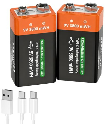 MIGAFEI 9 V Rechargeable Battery, 3800 mWh Lithium-Ion 9 Volt Block Batteries, Quick Charge via USB-C Ideal for Smoke Detectors, Fire Alarms, Multimeters (Pack of 2)