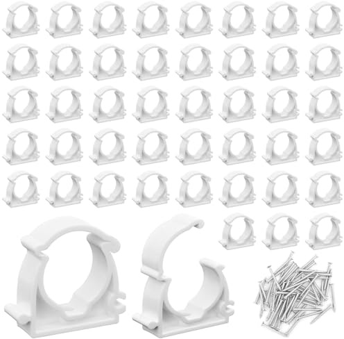 DRERIO 50 Pcs Single Hinged Pipe Clips, Ø25mm Single Quick Lock Pipe Clamps with Screws, Interlockable Conduit Clips, Plastic Tubing Snap Clamps for Pipeline Hose Plumbing (White)