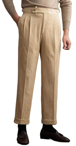 Pantalon taille haute en velours côtelé plissé pour homme, pantalon habillé de style Naples italien pour costume et tenue formelle, beige, L