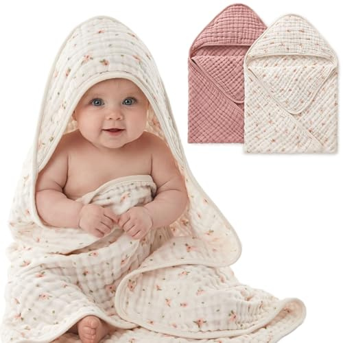 Blissful Diary Musselin Baby kapuzenhandtuch Baby, 2er-Pack,Weiche und Saugfähige Baby Handtuch Kapuze, Baumwolle Baby Badetuch Unisex, Babygeschenk, Baby-Basics, 81x81cm, Rosa Blumen & Hellrosa | 81 x 81 cm, Baumwoll-Musselin, ultraweich, sehr saugfähig, waschbar, unverzichtbar für Babys, ideales Geschenk zur Geburt