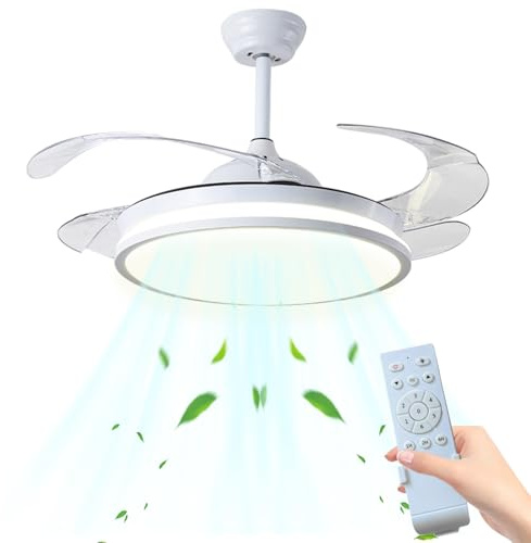 Vulaop Ventilador de techo con luz LED y mando a distancia – enchufe E27, 3 velocidades, 3 temperaturas de color, función temporizador de 1H/2H/4H, Silencioso