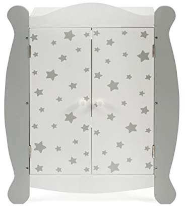 Bayer Chic 2000 Puppenkleiderschrank Stars Grau | Holz Puppenschrank Set | Stilvoller Puppen-Kleiderschrank im Stars Grau Design. Inklusive Kleiderstange & Bügeln für ordentlichen Spielspaß.