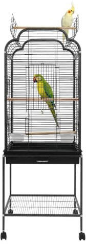Volière à oiseaux à roulettes 48 x 46 x 134 cm Cage à perruches 4 roues | Bol extensible, double fenêtre de toit, 2 mangeoires, fermetures de sécurité