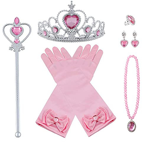 Vicloon Princess Dress Up Accessories Set, 8 Pcs Princess Dress-up Party Accessories for Girls with Gloves, Princess Tiara, Earring, Magic Wand, Necklace, Ring (Pink)