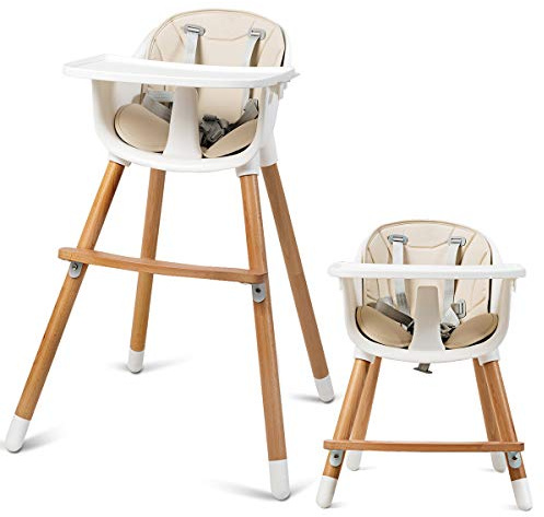 COSTWAY Seggiolone Convertibile, Multifunzionale 2 in 1, con Gambe Regolabili, Cintura di Sicurezza, Vassoio e Poggiapiedi Regolabili, in Legno Massello