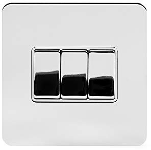 Soho Lighting Polished Chrome Flat Plate 10A 3 Gang Intermediate Light Switch White Insert Screwless