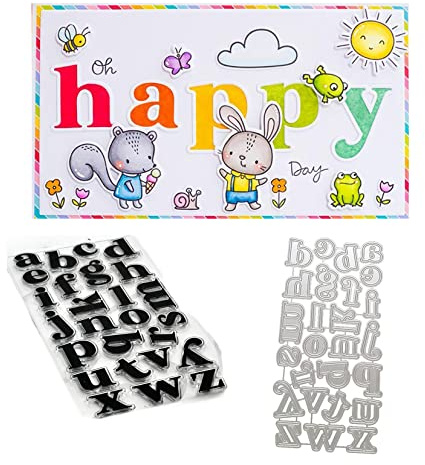 Qoiseys Englischer Buchstabe Stempel und Stanzschablonen Set,Clear Stempel und Stanzen Set Basteln Prägeschablone,Silikonstempel Metall Die Stanzen für DIY Scrapbooking Fotoalbum