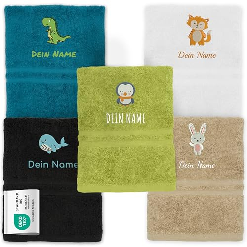 Oeko-TEX® Standard 100, asciugamano per bambini personalizzato per bambini, in cotone sostenibile, con nome e motivo ricamati (50 x 100 cm, bianco)