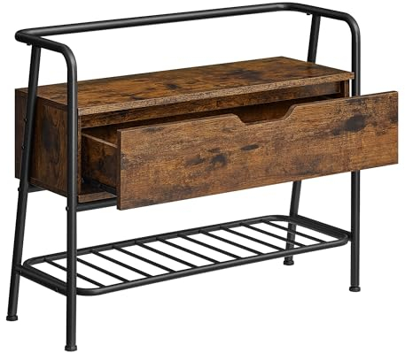 VASAGLE Shoe Storage Bench, Shoe Rack, with Storage Drawer, Entryway Furniture, Industrial Style, Steel Frame, for Living Room, Bedroom, Entryway, Rustic Brown and Ink Black LSB051K01