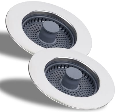 Hibbent 2 Jeux Évier de Cuisine Passoire et Bouchon Combo - Universel 3 en 1 Coquille en Acier Inoxydable avec Passoire Anti-colmatage, Installation Facile pour Un Trou d'évier de 70-86mm