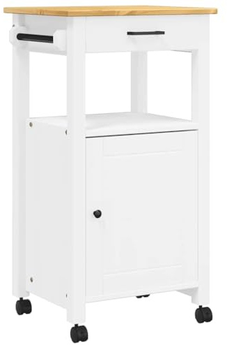 vidaXL Solid Pine Wood Kitchen Trolley - White & Honey Wax Finish, Rolling Storage Cart with Drawer, Shelves and Wheels for Kitchen/Living Room/Bathroom