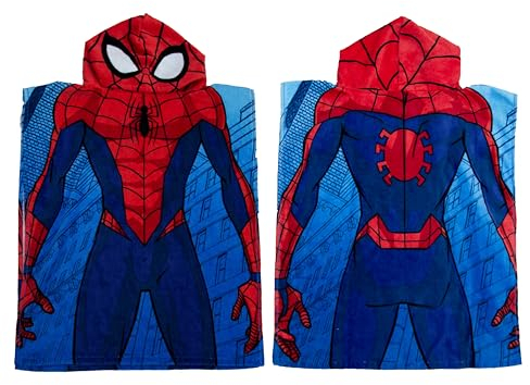 Character World Poncho con Capucha Oficial de Disney Marvel Spiderman | Tacto súper Suave, Traje de Spider-Man y diseño de Ciudad | Bata cambiadora de natación para niños pequeños hogar, baño y Playa