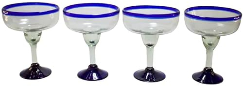 Novedades Cari mexikansk handblåst glas – set med 4 handblåsta margarita-glas – koboltblå kant (16 oz) (koboltblå fälg)