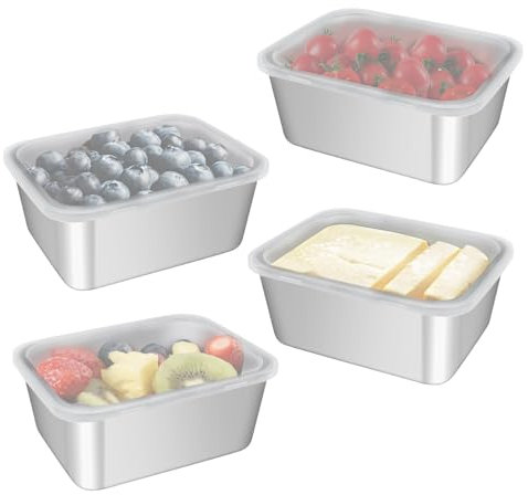 JJoexyfit Confezione da 4 contenitori per alimenti in acciaio inox con coperchio, contenitori per snack a prova di perdite, contenitori per alimenti per ristoranti, cucina, congelatore e buffet (13,8