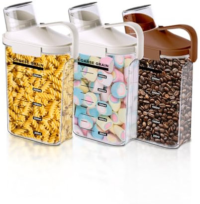 3 Pack Airtight Food Storage Containers Cereal & Dry Food Storage Container Set with Handles and Lids Clear Plastic Containers for Kitchen Cabinet Pantry Organization, 5.51LBS Rice Dispenser, Bpa Free