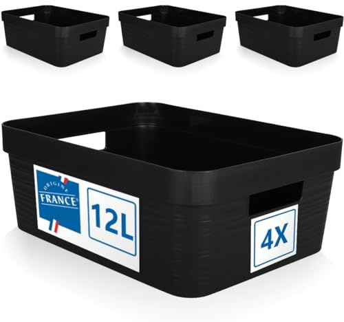 Stimo 4er Set Aufbewahrungsbox 12L Aufbewahrungskorb Kunststoff Ordnungsbox mit Griffen für Badezimmer Regal Organizer Box (Schwarz, 4er Set 12L)