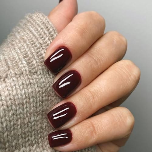 Ceboic 24Pcs Court Carré Faux Ongles, Naturel Rouge Vin Ongles à Coller, Acryliques Couverture Complète Press on Nails, Réutilisables Artificiels Faux Ongles Autocollants pour Femme et Fille