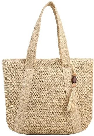 AMENGJ Bolso de Mano de Mujer Bolso de Mano de Paja de Gran Capacidad for Mujer, Bolso de Playa con borlas(Beige)