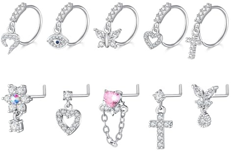 FECTAS 18g 20g Nasenpiercing Hängend 10mm Nose Ring Hypoallergene Edelstahl Anhänger Nasenpiercing Stecker 1.0mm 0.8mm Gauge 7mm L-förmiger Piercing Schmuck Diamant Herz Schmetterling Silber Gold