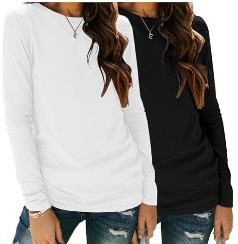Zeagoo Women's Tops 2 Pack Round Neck Long Sleeve T Shirts Autumn Basic Top Black + White L