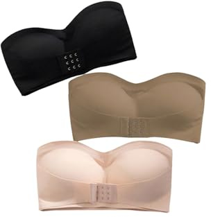 GORGLITTER Women's Strapless Front Fastening Bandeau Bras Wireless No Show Non-Slip Bralettes (Pack of 3)