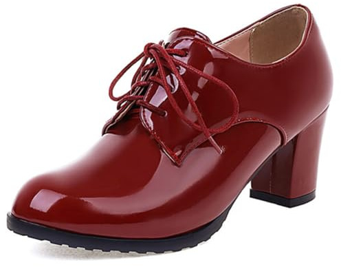 Eestfy Scarpe Eleganti da Donna Vintage Tacco Largo Allacciate Oxford in Pelle Verniciata per Lavoro e Occasioni Casual Finitura Lucida,Rosso,41 EU